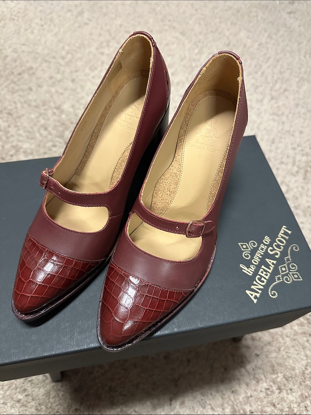 The Office of Angela Scott Miss Eliza Pumps in Berry Croc-Trim Pointed Toe